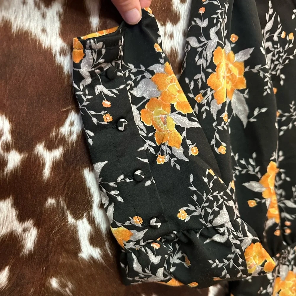 Free People- Parker Dress, black/orange/silver floral long size 4 - Picture 5 of 10